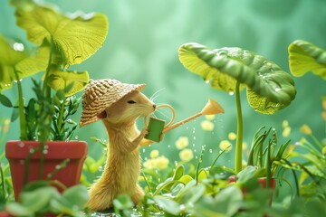 Wall Mural - A small squirrel wearing a straw hat is holding a watering can