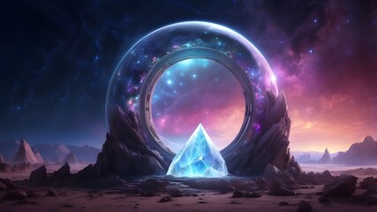 Poster - Fantastic crystal portal on alien planet under starry sky