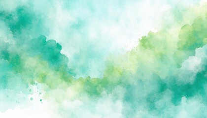 Wall Mural - Artistic blue, green and white watercolor background with abstract cloudy sky concept. Grunge abstract paint splash artwork illustration. Beautiful abstract fog cloudscape wallpaper.
