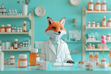A cartoon fox is sitting at a counter in a pharmacy