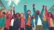 © Watie2781 - Illustration of diverse protesters raising fists in unity, symbolizing solidarity, activism, and the fight for social justice.