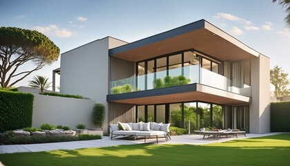 modern building with grass, Contemporary house with clean lines and outdoor living space