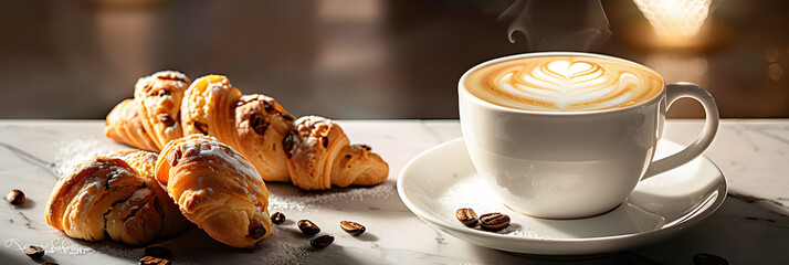 Wall Mural - A tempting Italian cappuccino and freshly baked cornetti perfectly presented with ample copy space image