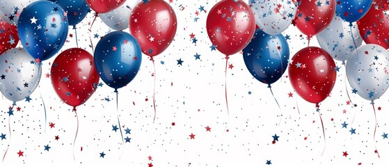 Festive red, white, and blue balloons with confetti and stars, perfect for celebrations, events, and patriotic themed parties.