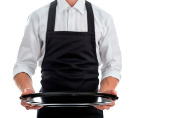 Wall Mural - Waiter in crisp white uniform and black apron holding empty metal tray isolated on white background