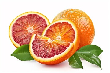 Wall Mural - Juicy red orange with leaves isolated on a white background.