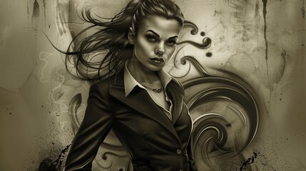 A beautiful woman in a sharp suit, rendered in a dark and mysterious digital art style, stands against a light gray background