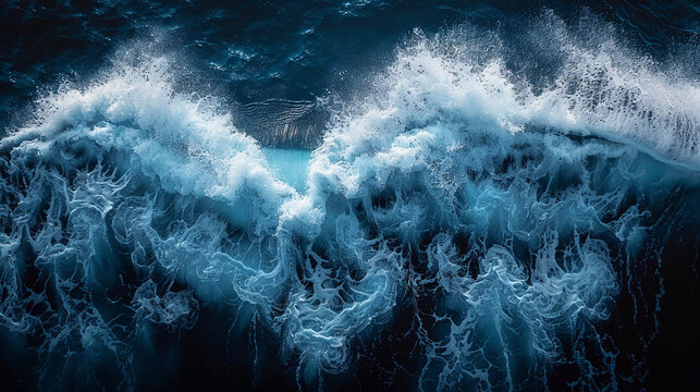 Spectacular aerial top view background photo of ocean sea water white wave splashing in the deep sea. Drone photo backdrop of sea wave in bird' s-eye waves