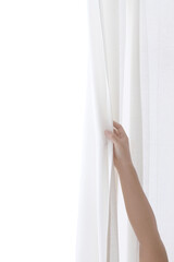 Wall Mural - Hand opening a white curtain design element