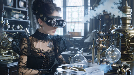 Poster - A woman in a lab coat is wearing a virtual reality headset