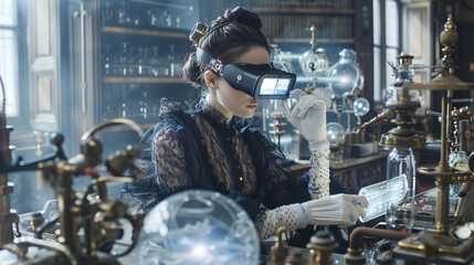Poster - A woman in a lab coat is wearing a virtual reality headset