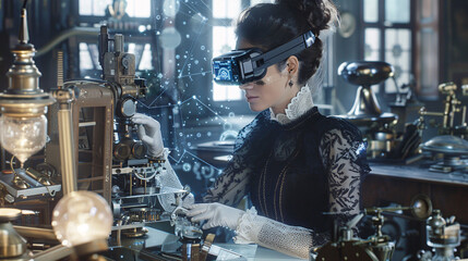 Poster - A woman in a lab coat is wearing a virtual reality headset