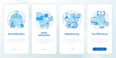 Portfolio organization elements blue onboarding mobile app screen. Walkthrough 4 steps editable graphic instructions with linear concepts. UI, UX, GUI template. Montserrat SemiBold, Regular fonts used