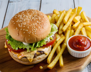 Fast food Hamburger and fried chips with ketchup