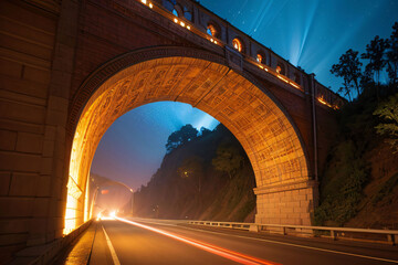 Wall Mural - Illuminated arch bridge spans a river at night, casting a warm glow on the city skyline