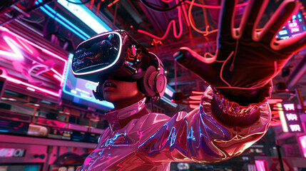 Wall Mural - A woman playing a video game. The game is a virtual reality game, and the woman is fully immersed in it. The city in the background is lit up with neon lights