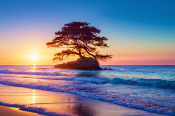 Wall Mural - fiery orange light paints the sky as the sun dips below the horizon, casting long shadows on the san