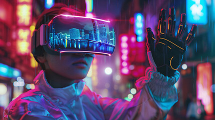 Wall Mural - A woman playing a video game. The game is a virtual reality game, and the woman is fully immersed in it. The city in the background is lit up with neon lights