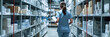© nopommajun - A female nurse in blue attire checks inventory in a medical storage room with shelves full of supplies