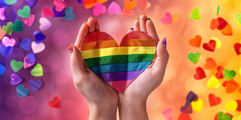 Wall Mural - A hand holding a rainbow heart with rainbow stripes
