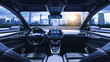 © Александр Довянский - interior of a modern self-driving car with a picturesque city road of a metropolis outside the windows, without a driver at the wheel