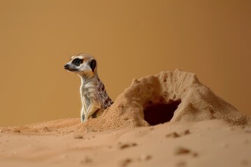 Wall Mural - A small meerkat is peeking out of a hole in the sand