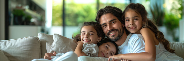 Wall Mural - Happy family relaxing on sofa under air conditioner with air flow in living room. Green clean air living room concept.