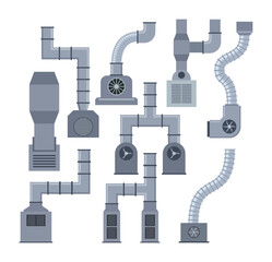 Set of Ventilation pipes of different shapes vector illustrations collection, drawings of vents, metal air ducts, tubes for factories, air conditioners, Ventilation, HVAC system concept.