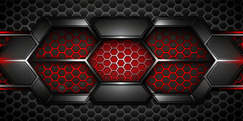 Abstract black red grey metallic carbon neutral overlap red light hexagon mesh design modern luxury futuristic technology background vector illustration.