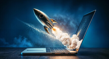 laptop with space , a rocket coming out of a laptop screen, a launch business, gray background. ai d