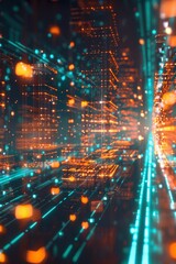 Poster - A dynamic wireframe visualization of network traffic, data packets represented by small, glowing cubes moving along lines
