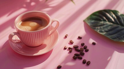 Sticker - Close up shot of a pink table featuring a cup of freshly brewed coffee and coffee beans