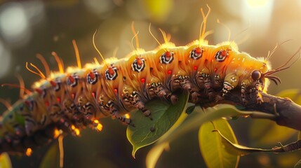 Sticker - AI generated illustration of a caterpillar of moth larva resting on a tree branch