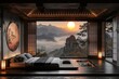 © Leo - Cozy bedroom with dark wood accents and a scenic window view for a tranquil and rustic ambiance