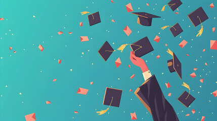 Congratulations Graduates. Celebration banner with a hand holding a diploma and raised up, square academic graduation caps thrown up on the blue background with place for text. Vector illustration