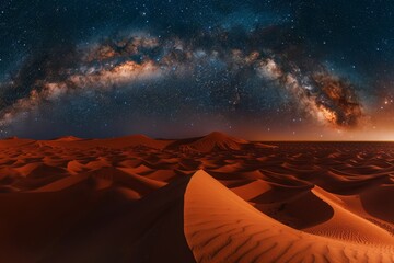 A sweeping panorama of rolling sand dunes under a starry night sky, the Milky Way visible