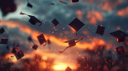 Wall Mural - high school students' graduation caps in the air at sunset, with a blurred background