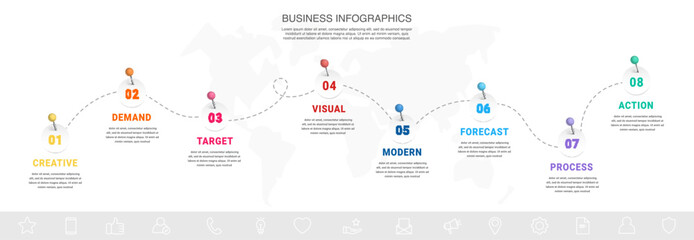 Business infographic timeline with eight paths and circles. Modern timeline with 8 steps, options, and processes. Presentation infographics template