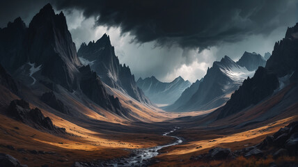 Wall Mural - A dramatic landscape painting of a stormy sky over rugged mountains, where the artist's use of dark and light contrasts creates tension, Generative AI