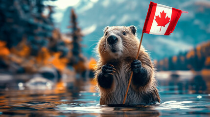 Beaver Holding Canadian Flag For Canada Independence Day National Holiday Celebration With Canadian Nature Landscape in the Background