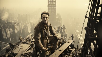 A pensive construction worker sits high above the city on a steel beam structure