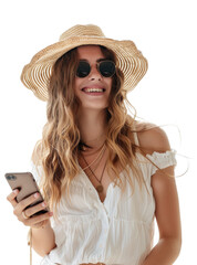 A woman is smiling and holding a cell phone