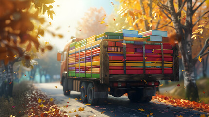 Cargo truck full of colorful exercise books on the road in the autumn countryside and sunset in the background. Back to School, Cargo and shipping concept.