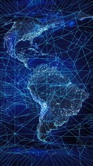 Poster - Global network map in blueprint style, major data centers marked, fiber-optic routes traced with dashed lines, ocean cables highlighted