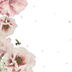 Wall Mural - Pink cherry blossom and peony flower branch border frame on transparent background