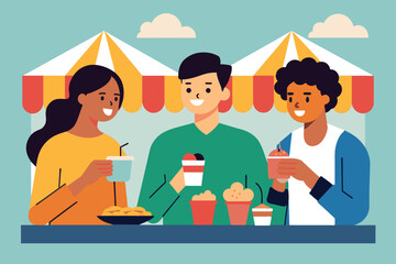 Wall Mural - young people at a food tent or market. They are holding food products. The background is a canopy with red and white stripes, indicating an open or festive place.