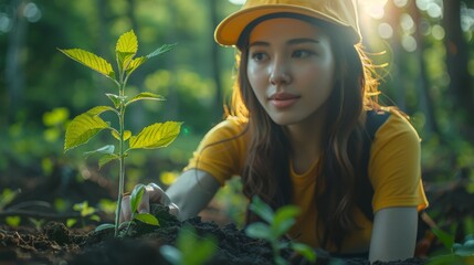 A young woman in a yellow shirt tends to a young plant with great attention and care in a lush forest