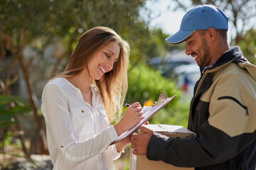 Poster - Distribution, delivery man with package boxes and woman at front door for logistics. ecommerce or online shopping, courier supply chain or shipping and happy customer with cardboard parcel packaging