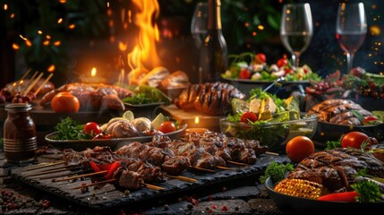 A delicious barbecue feast with grilled meats, fresh salads, and wine glasses set against a warm, inviting fire backdrop.