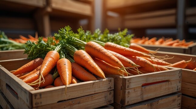 Ripe organic carrots stored in wooden crates at warehouse with blurred background and space for text